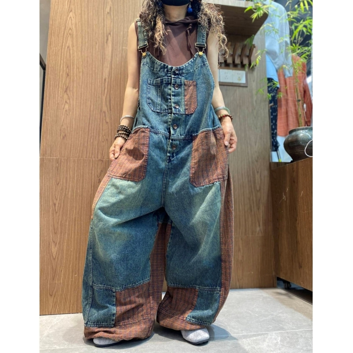 Patchwork Wide-Leg Overalls D0258