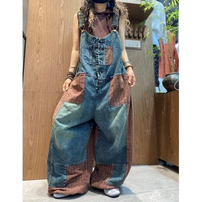 Patchwork Wide-Leg Overalls D0258