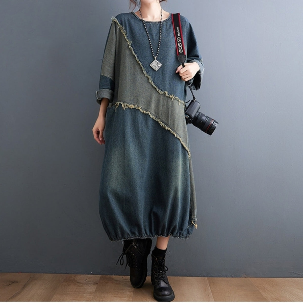 Color-block denim dress D0265