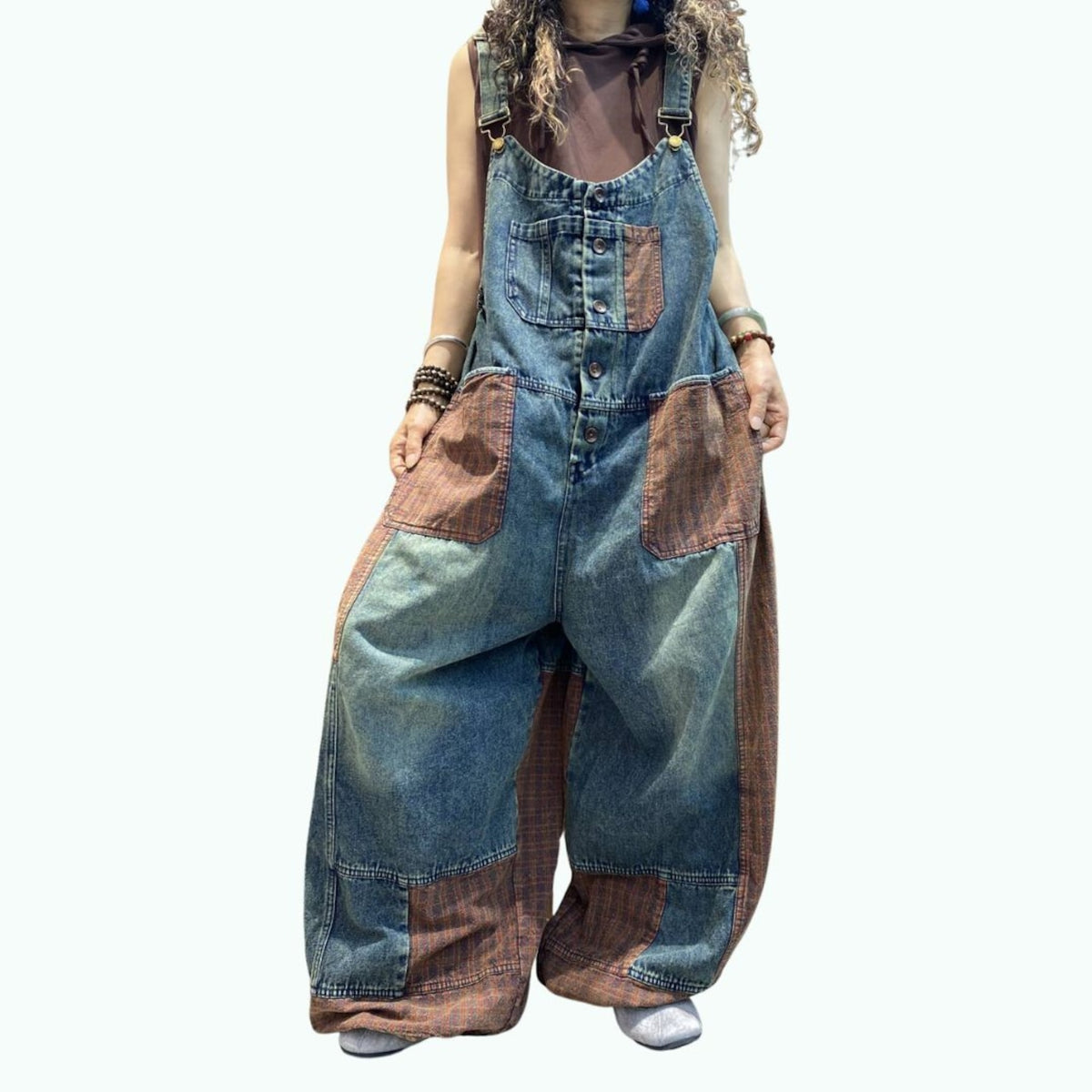 Patchwork Wide-Leg Overalls D0258