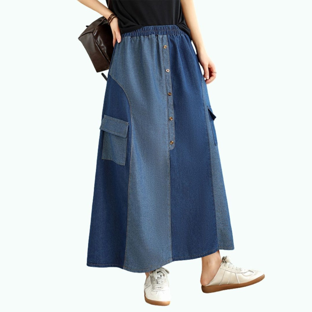 Color-blocked denim skirt D0267