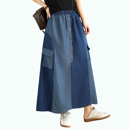 Color-blocked denim skirt D0267