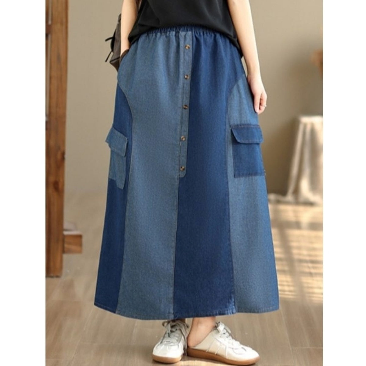 Color-blocked denim skirt D0267