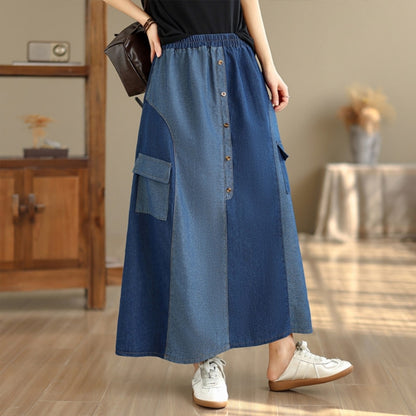 Color-blocked denim skirt D0267