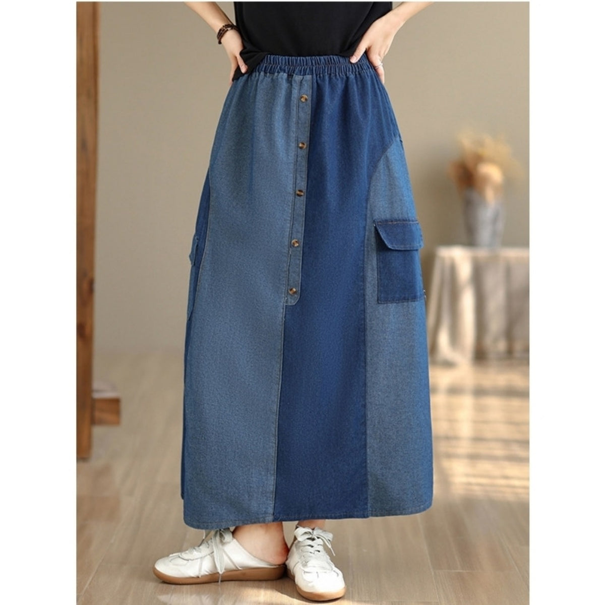 Color-blocked denim skirt D0267