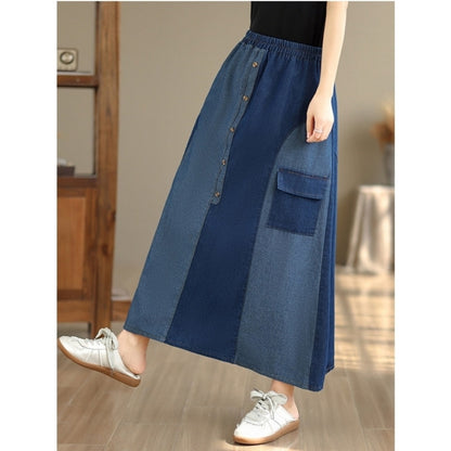 Color-blocked denim skirt D0267