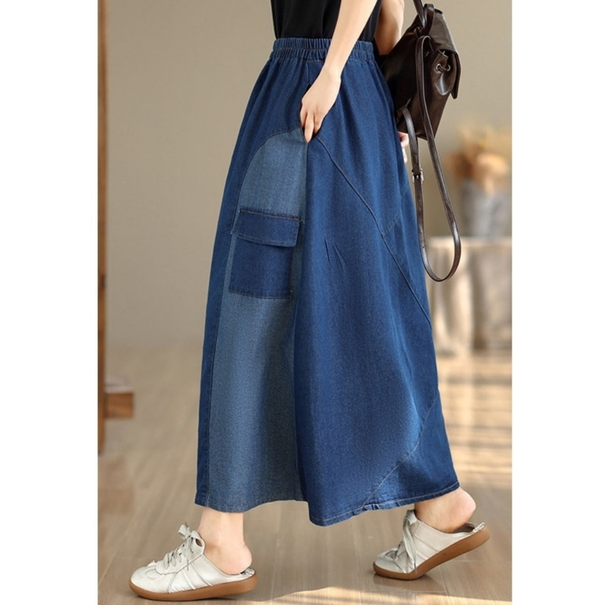 Color-blocked denim skirt D0267