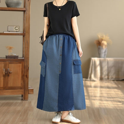Color-blocked denim skirt D0267