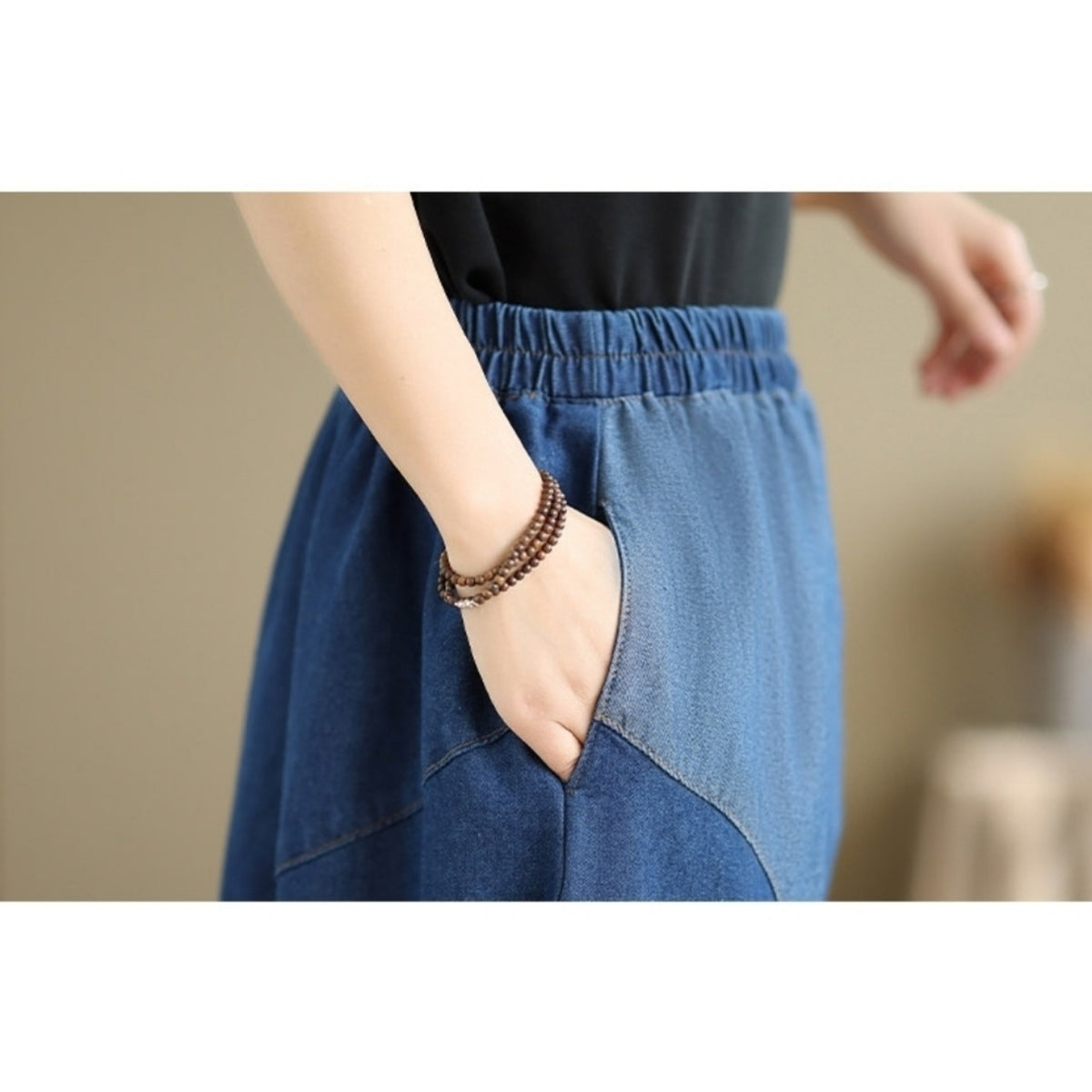 Color-blocked denim skirt D0267