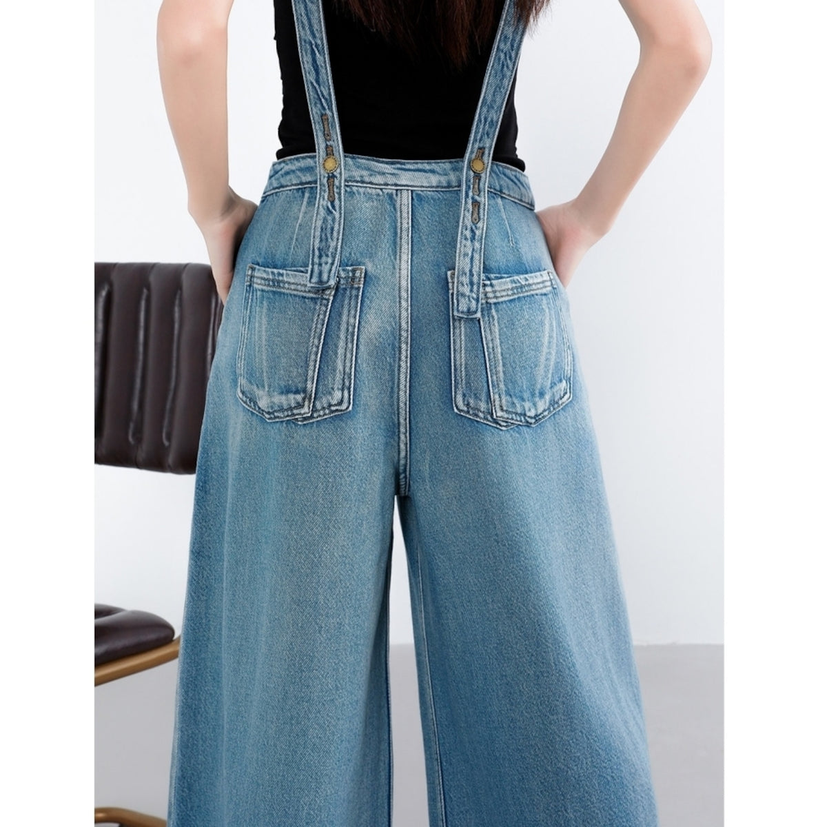 Wide-leg denim overalls D0275