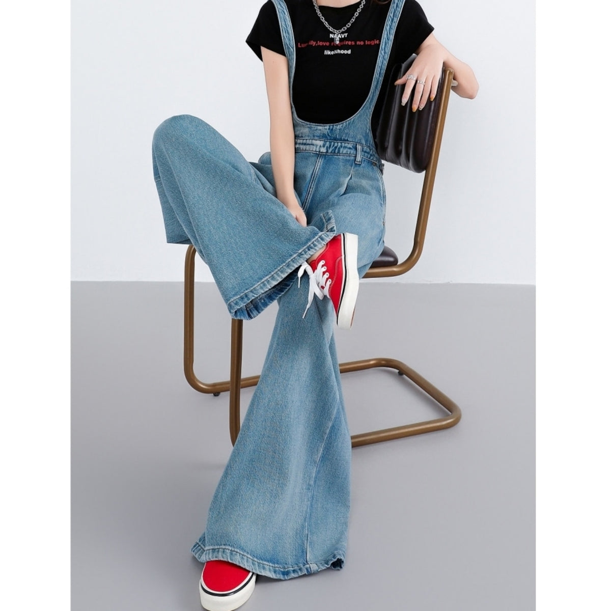 Wide-leg denim overalls D0275