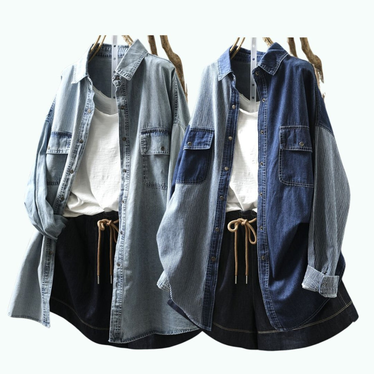 Stripe Patchwork Denim Shirt D0292