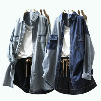 Stripe Patchwork Denim Shirt D0292