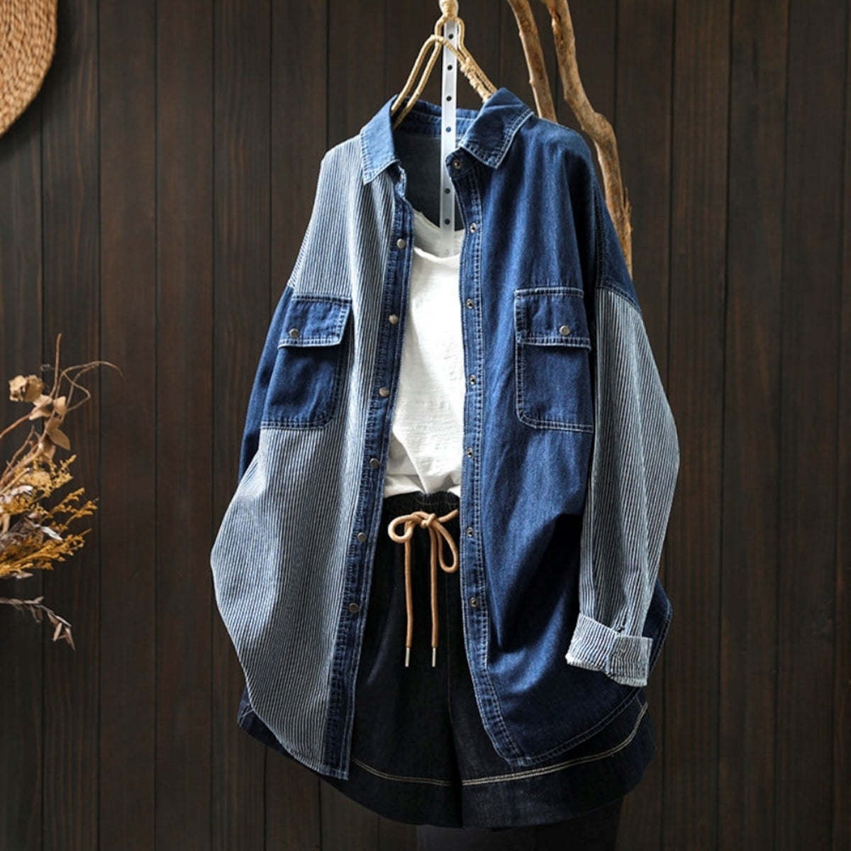 Stripe Patchwork Denim Shirt D0292