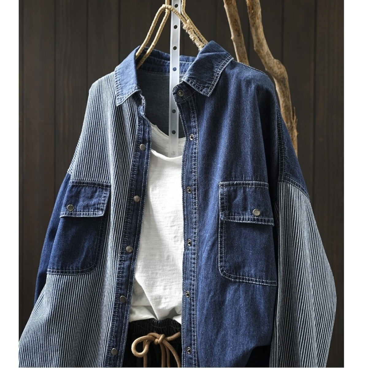 Stripe Patchwork Denim Shirt D0292