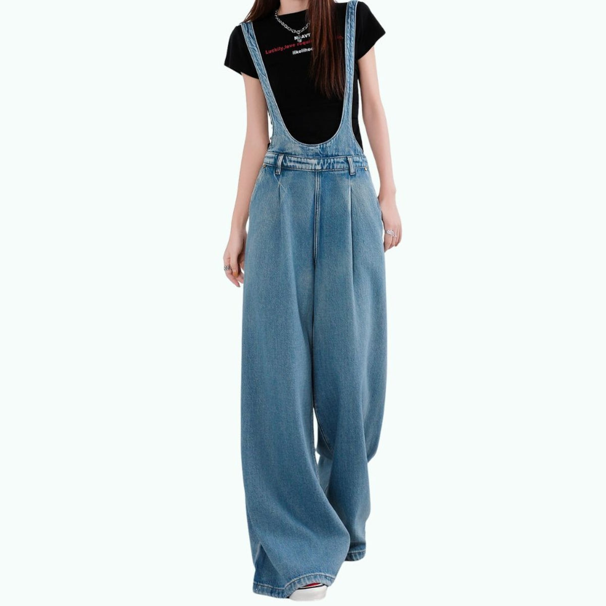 Wide-leg denim overalls D0275