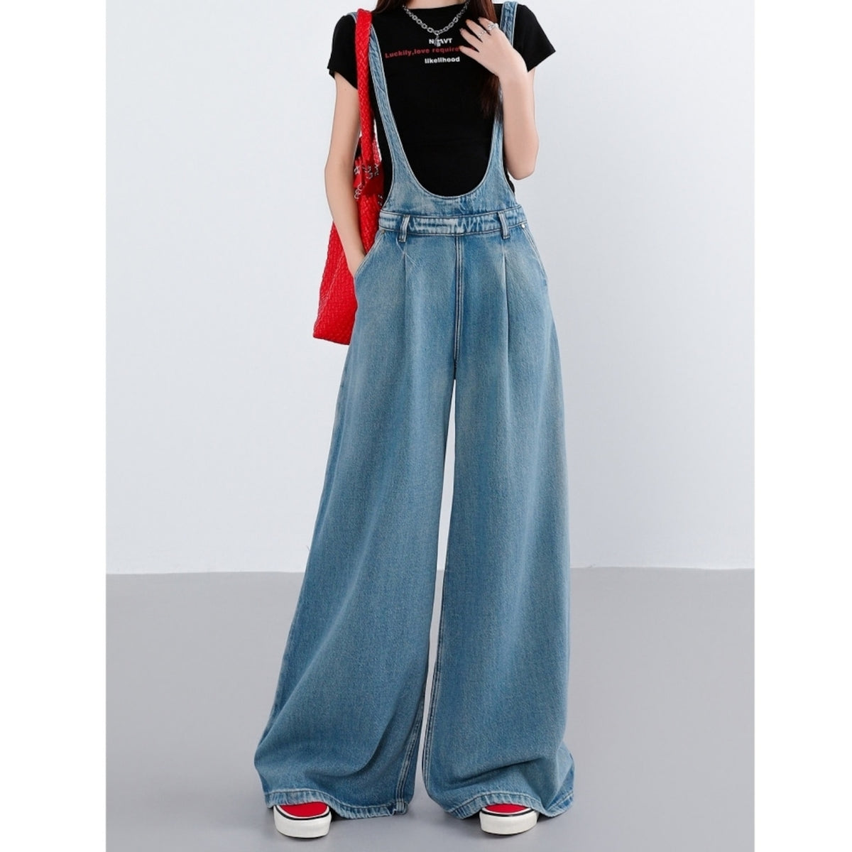 Wide-leg denim overalls D0275