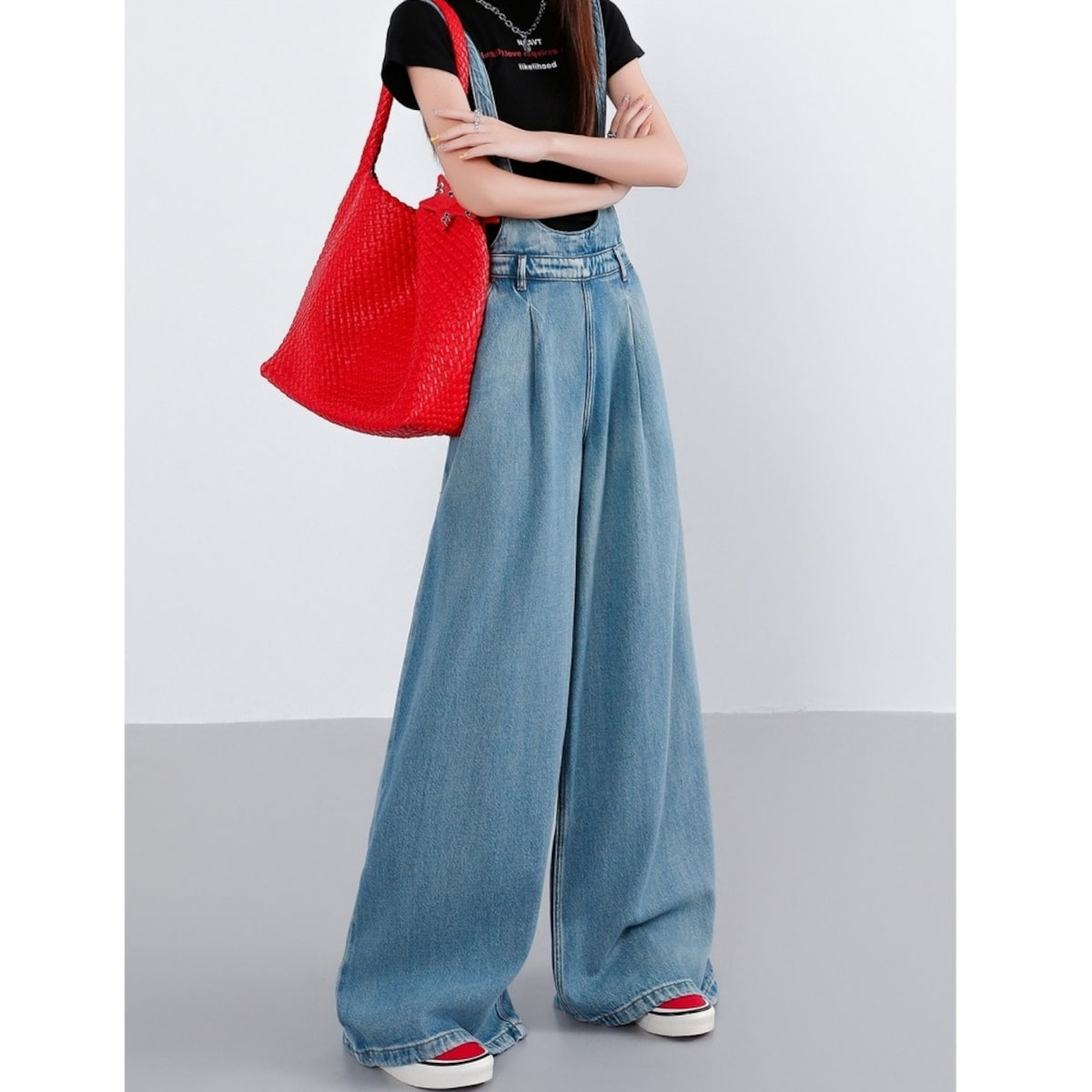 Wide-leg denim overalls D0275
