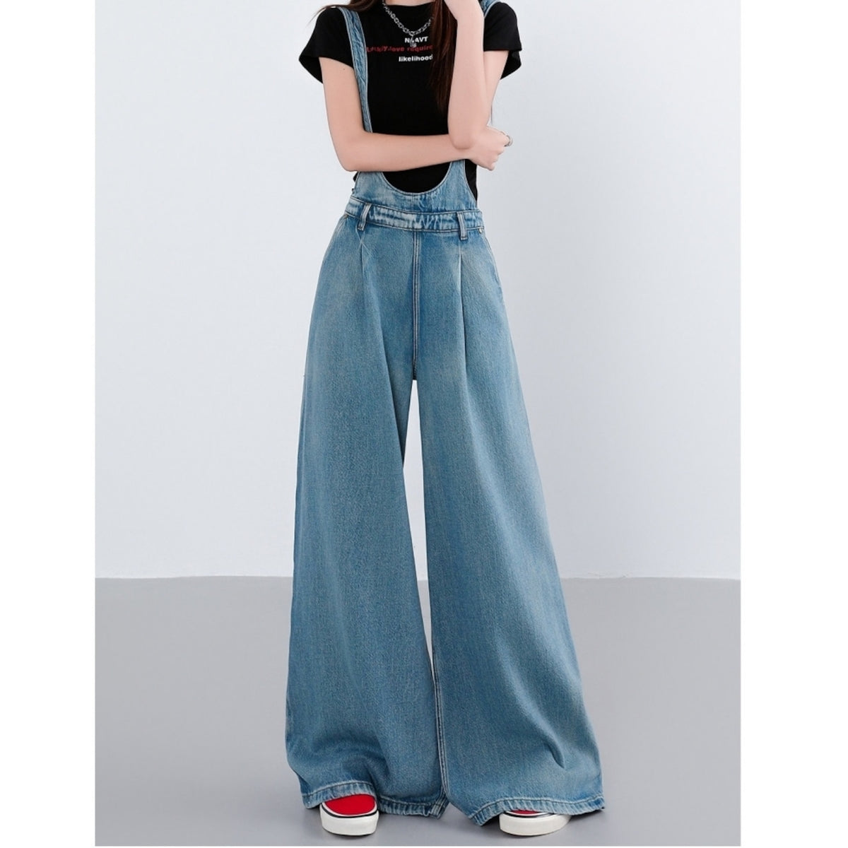 Wide-leg denim overalls D0275