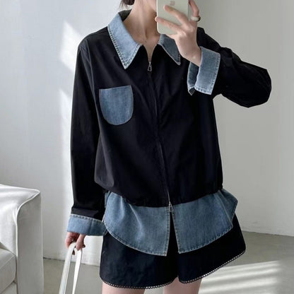 Faux-layered denim top D0290