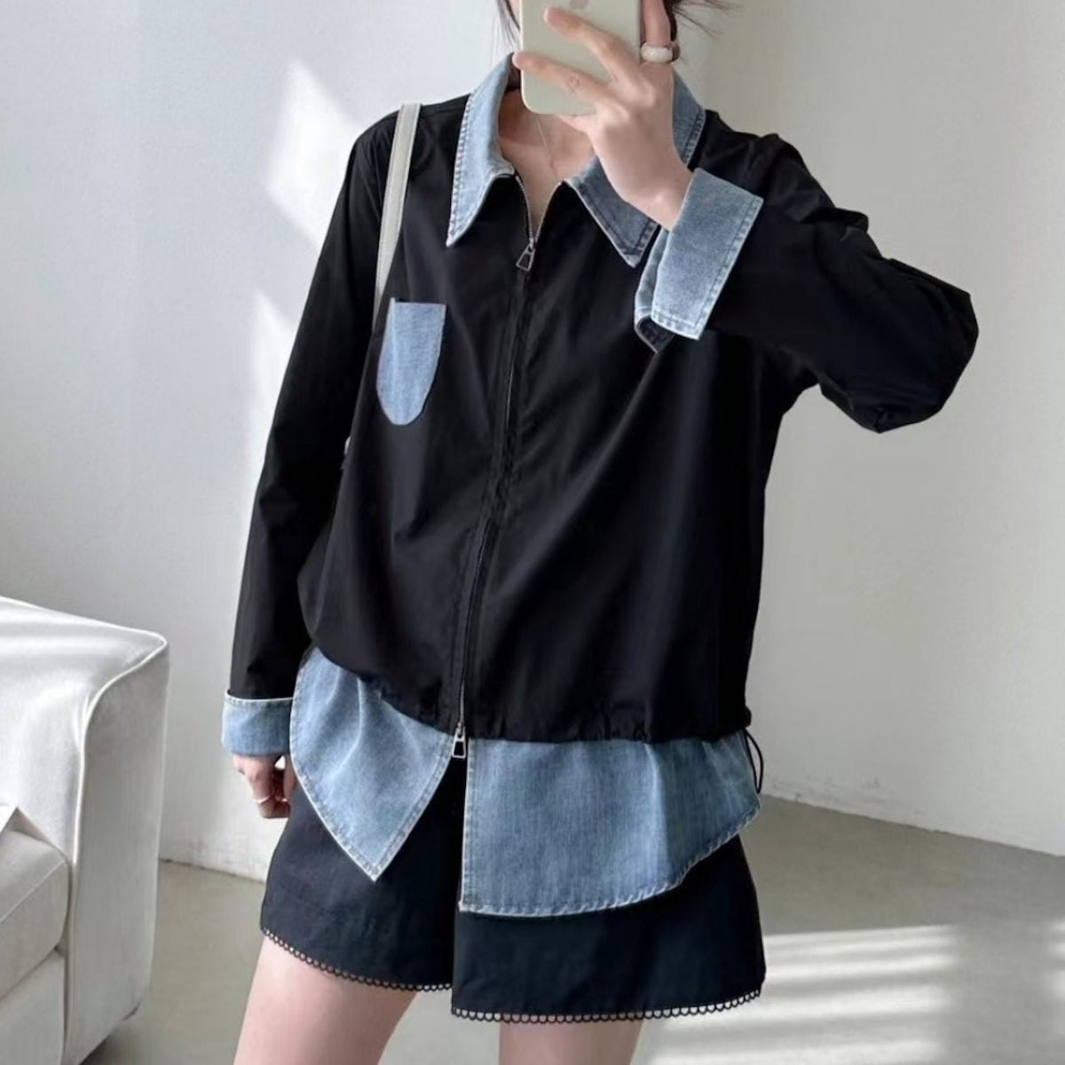 Faux-layered denim top D0290
