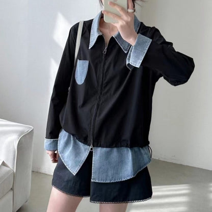 Faux-layered denim top D0290