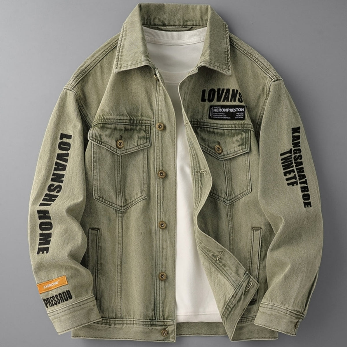 Letter-Embroidered Denim Jacket D0298