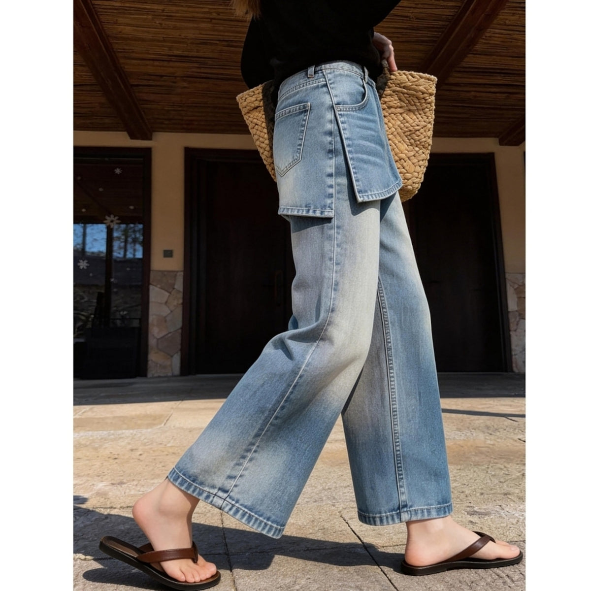 Faux-layered denim jeans D0268