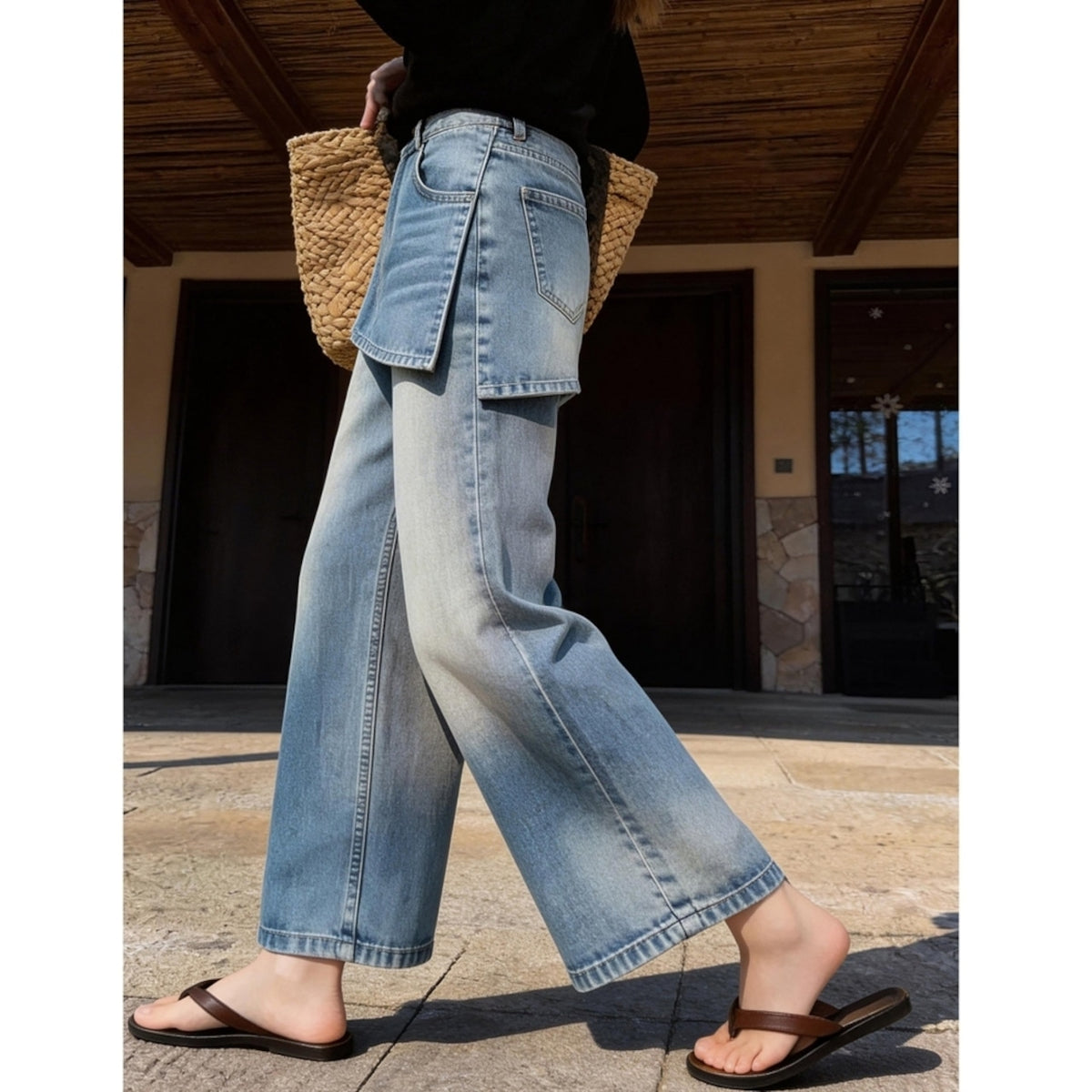 Faux-layered denim jeans D0268