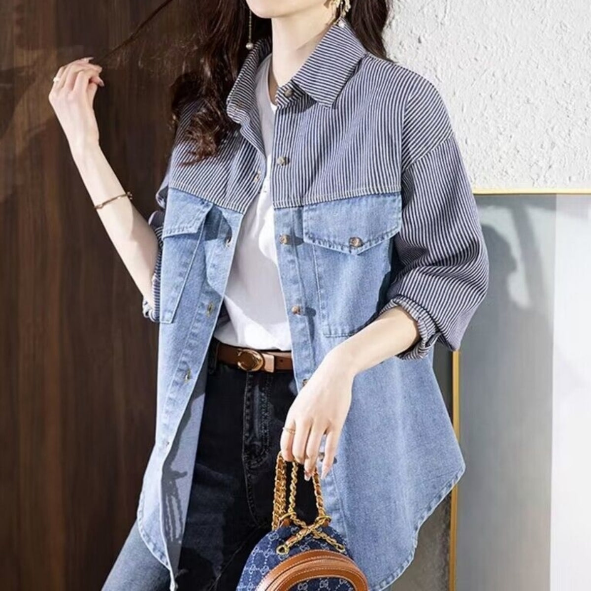 Stripe & Denim Shirt D0291