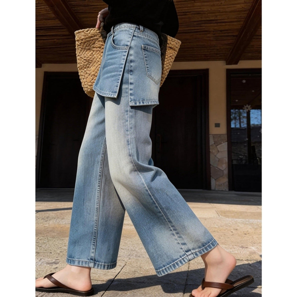 Faux-layered denim jeans D0268