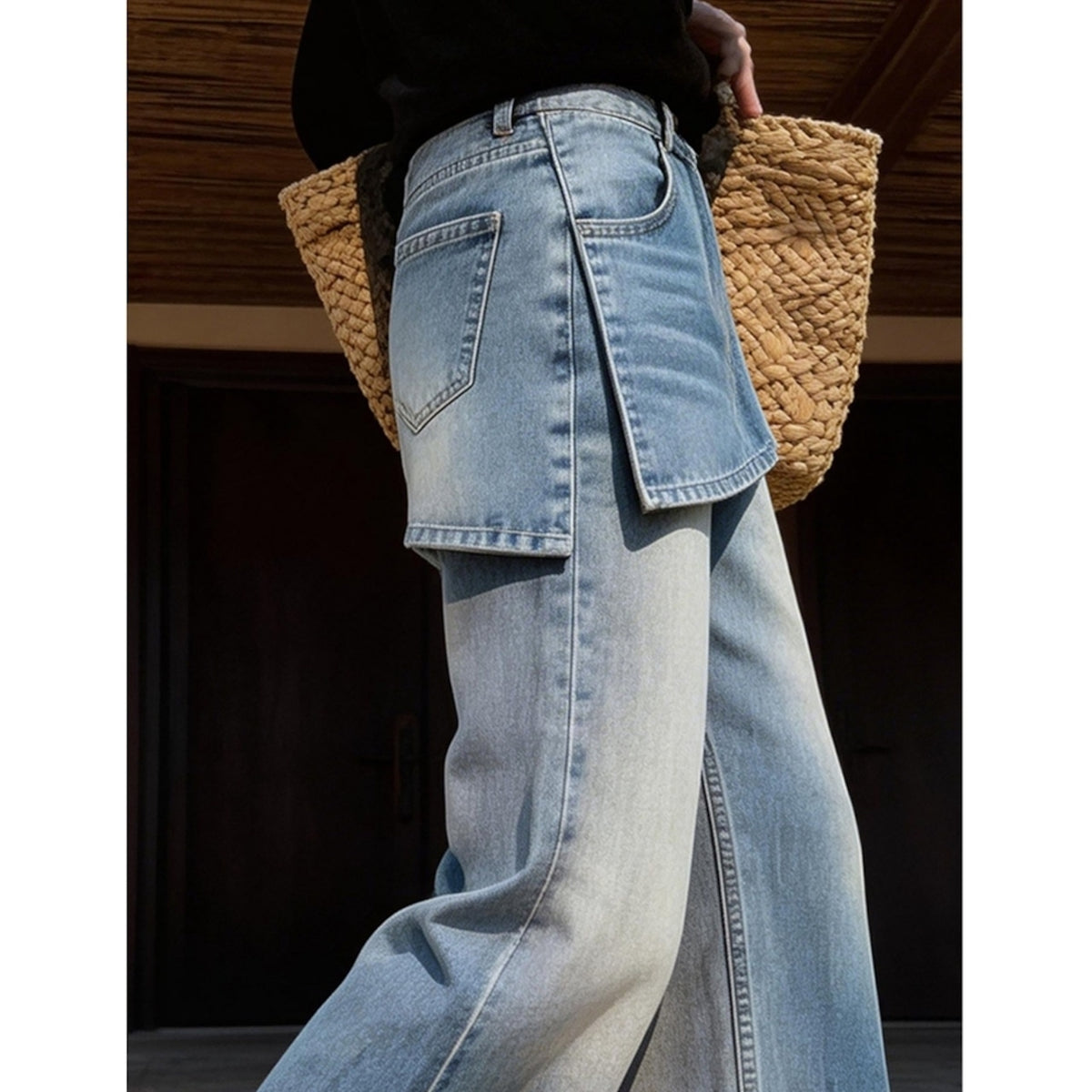 Faux-layered denim jeans D0268