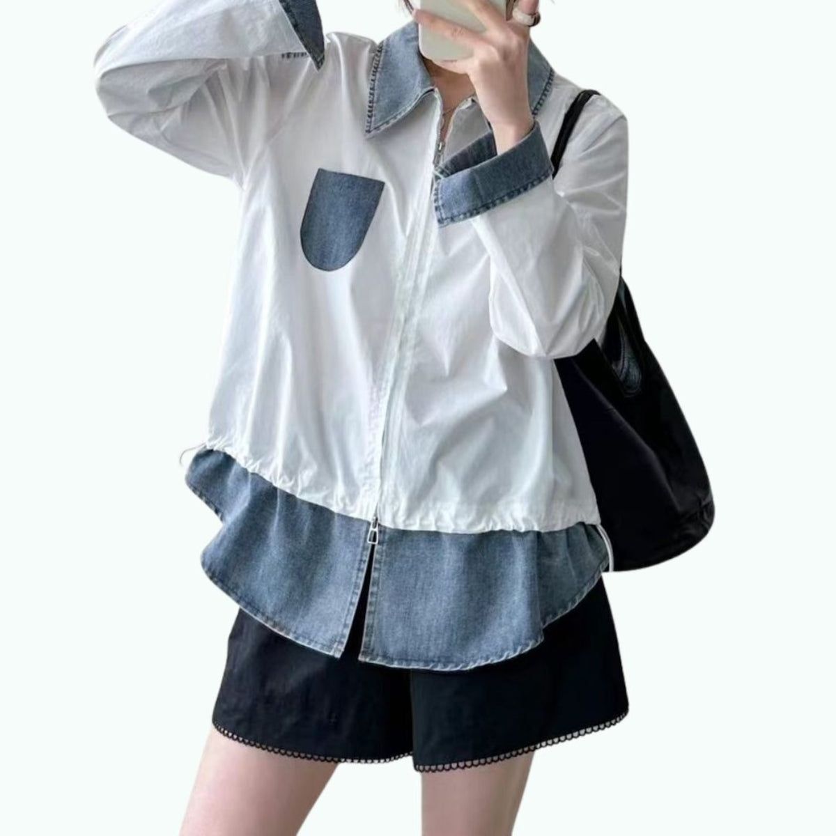 Faux-layered denim top D0290