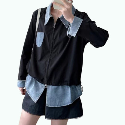 Faux-layered denim top D0290