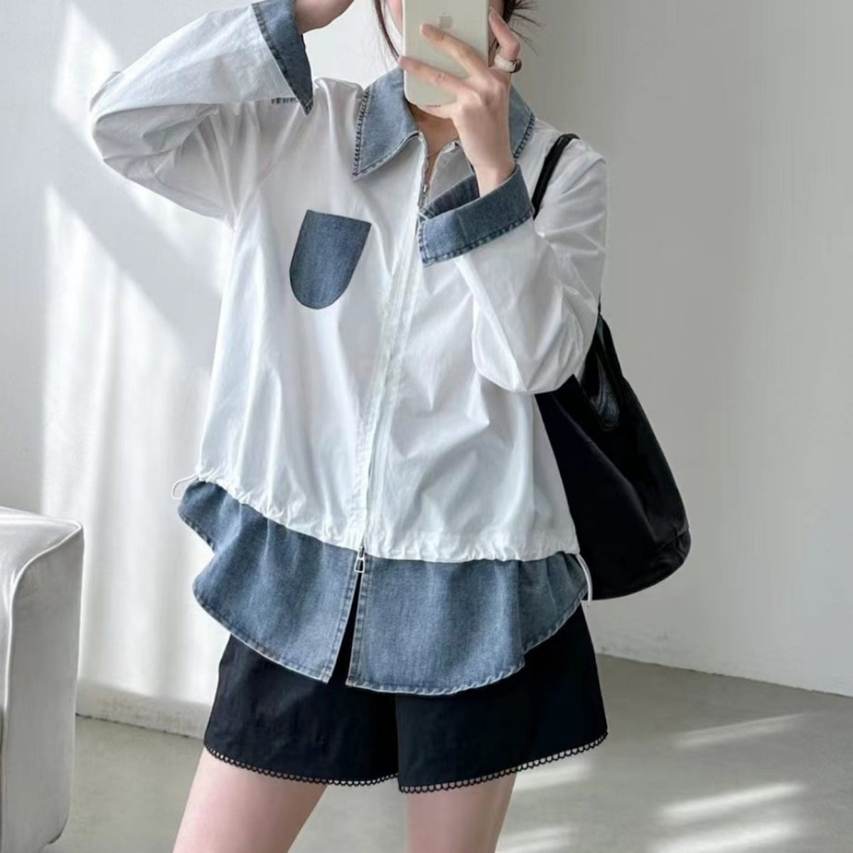 Faux-layered denim top D0290