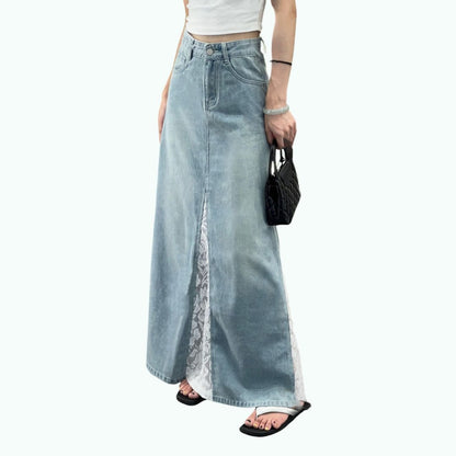 Lace-paneled denim skirt D0307
