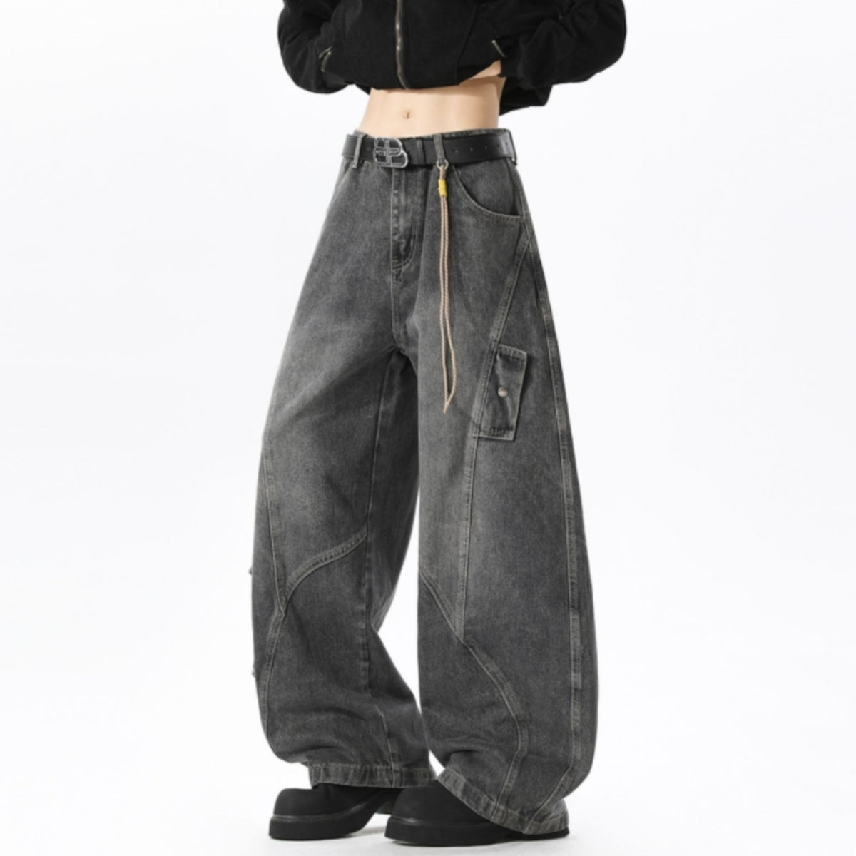 Wide-leg curved denim jeans D0310