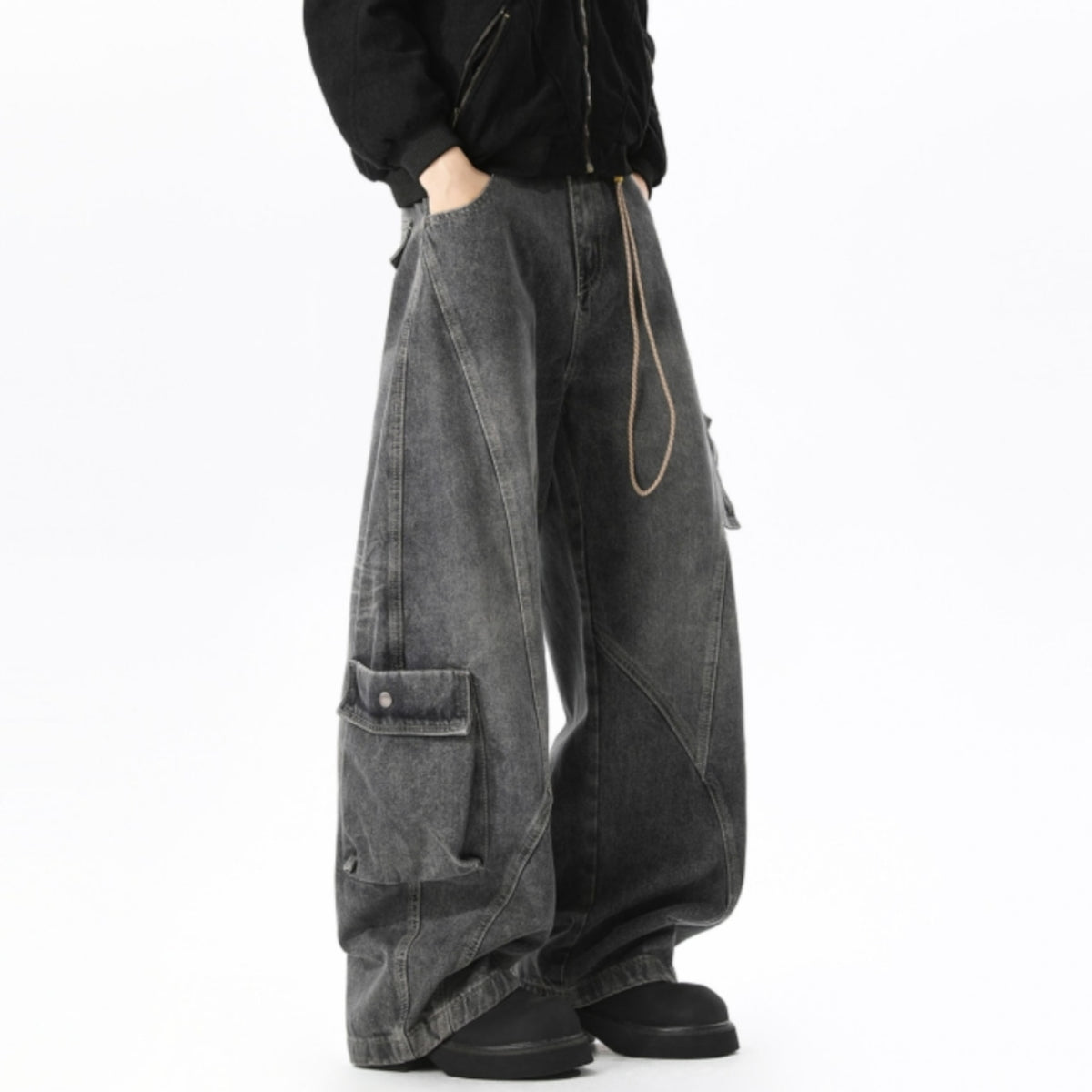 Wide-leg curved denim jeans D0310