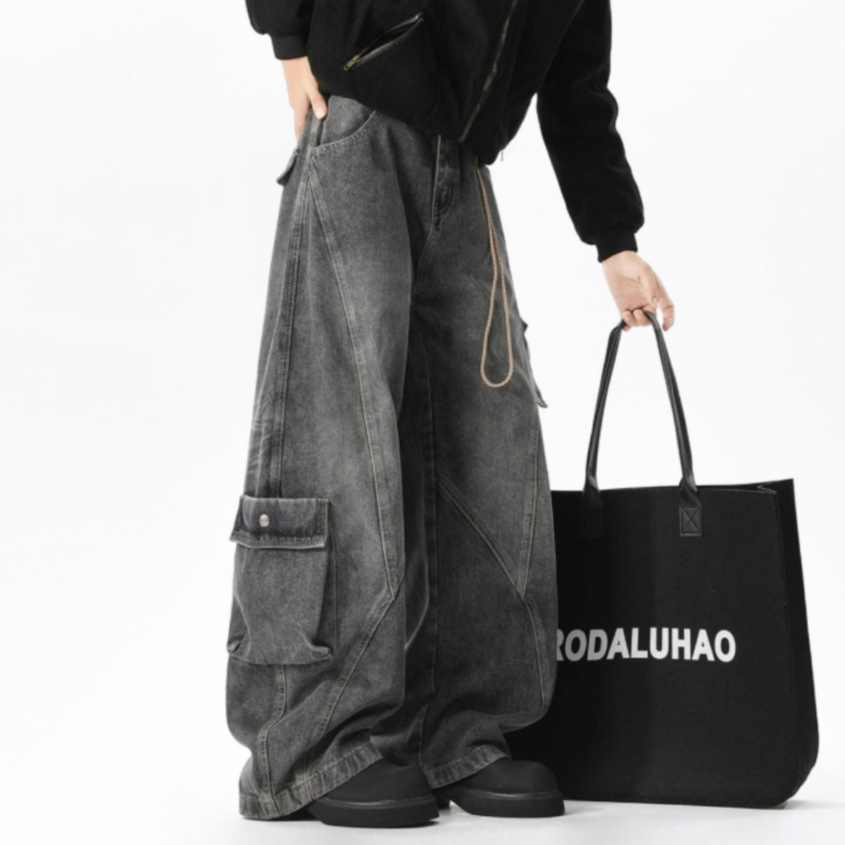 Wide-leg curved denim jeans D0310