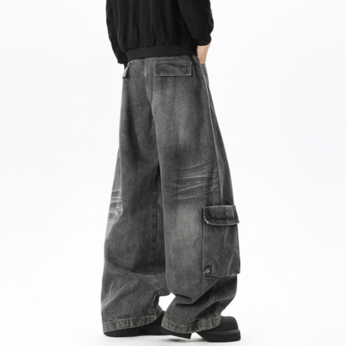 Wide-leg curved denim jeans D0310
