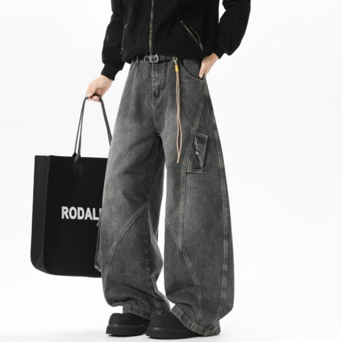 Wide-leg curved denim jeans D0310