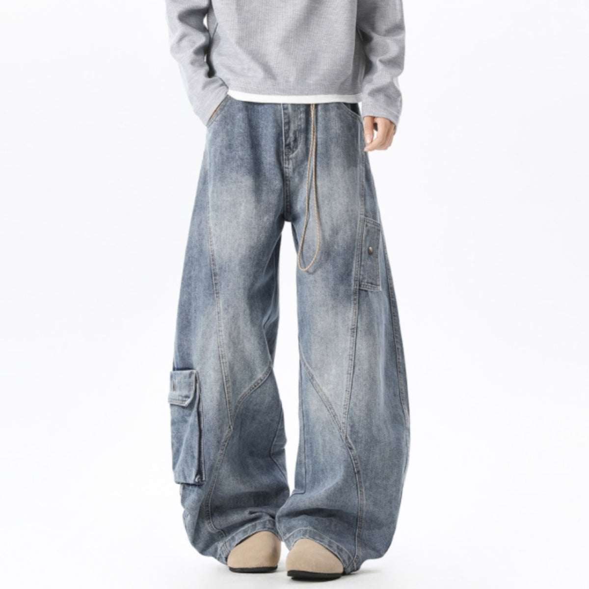 Wide-leg curved denim jeans D0310