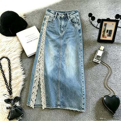 Lace-Slit Denim Skirt D0308