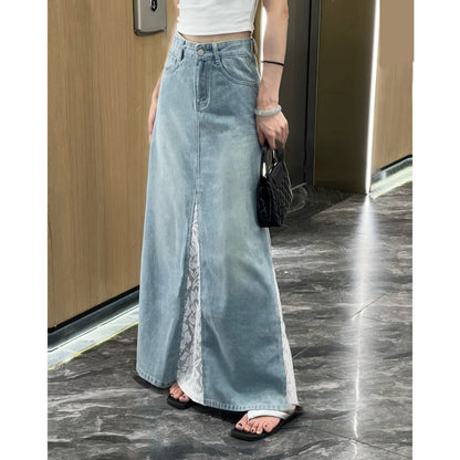 Lace-paneled denim skirt D0307