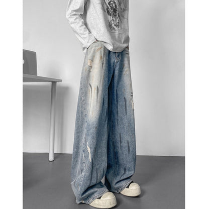 Wide-leg distressed denim jeans D0302
