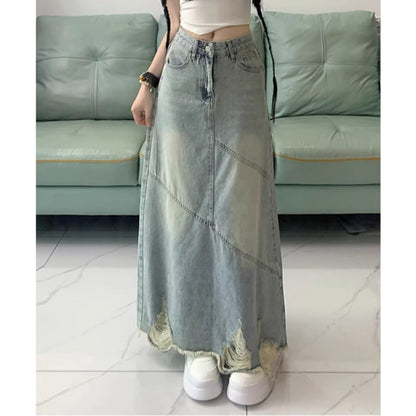 High-waisted long denim skirt D0313