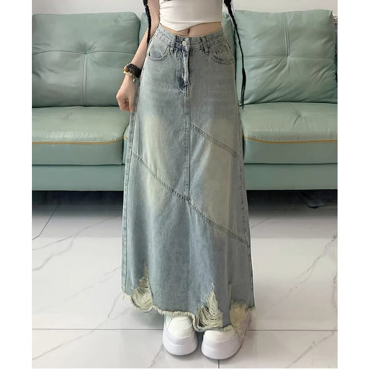 High-waisted long denim skirt D0313