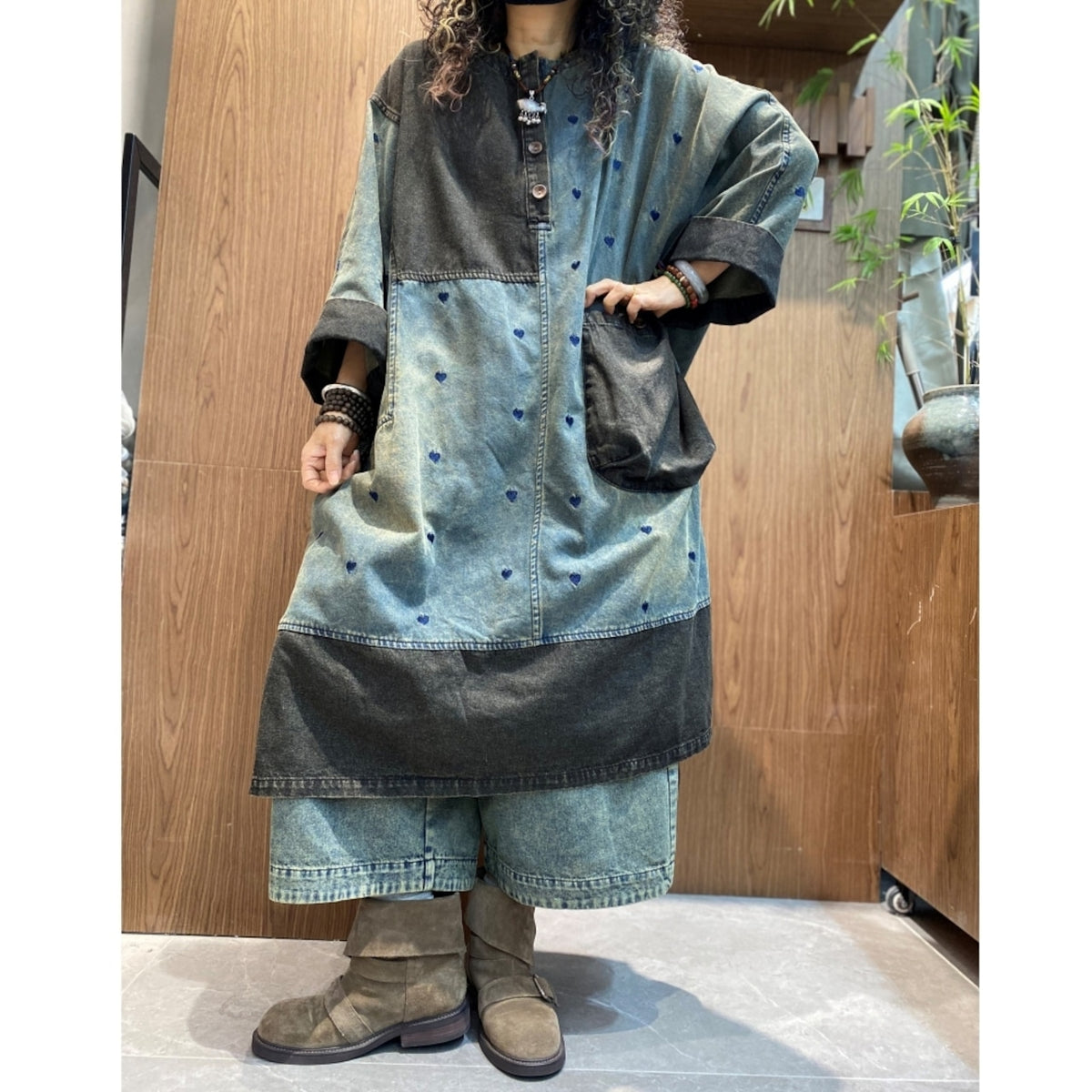 Heart-Embroidered Denim Dress D0304