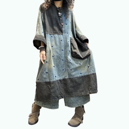 Heart-Embroidered Denim Dress D0304
