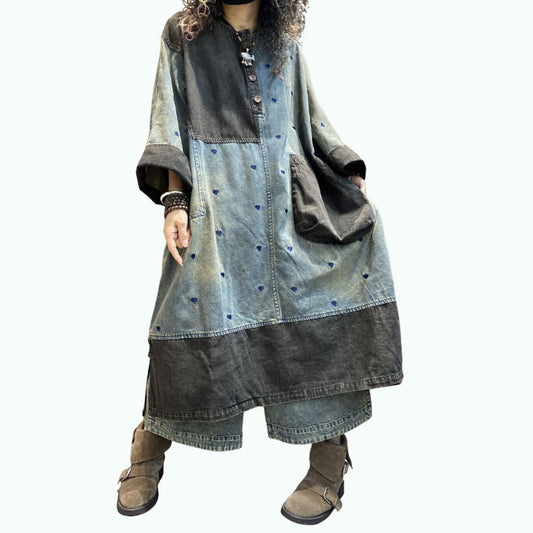 Heart-Embroidered Denim Dress D0304